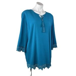 D&Co Womens L Turquoise Blue Boho Peasant Crinkle Gauze Bell 3/4 Sleeve Tunic